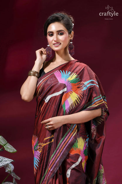 Wine color multicolor heron design silk kantha stitch saree maroon silk saree adorned vibrant 2