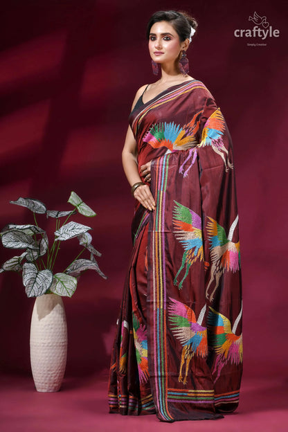 Wine color multicolor heron design silk kantha stitch saree maroon silk saree adorned vibrant 3
