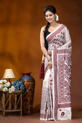 Wine color thread work floral motif handcrafted silk kantha saree in white woman wears white maroon patterned 6