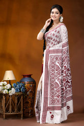 Wine color thread work floral motif handcrafted silk kantha saree in white woman wears white maroon printed 3