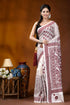 Wine color thread work floral motif handcrafted silk kantha saree in white woman wears white maroon printed 1