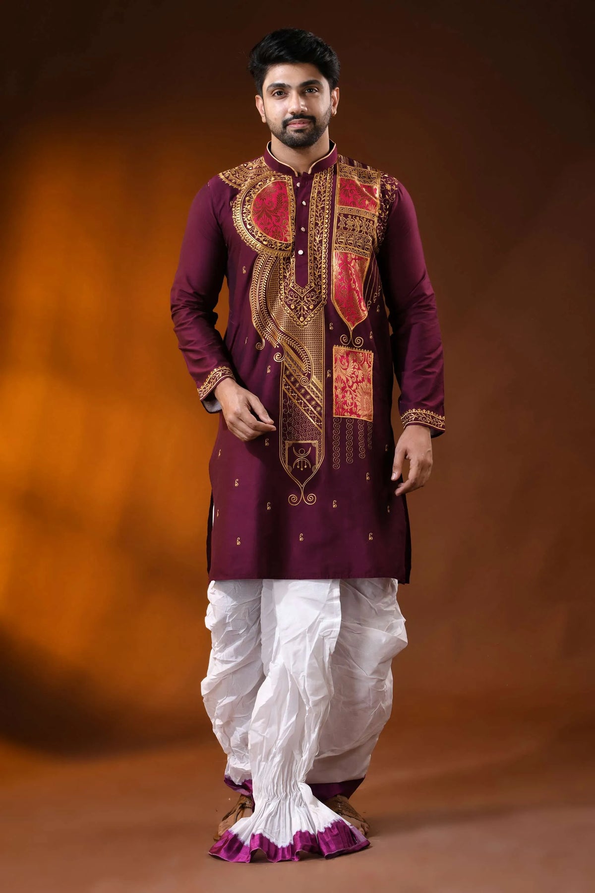 Wine cotton silk embroidery punjabi for men with - paisley ethnic design 1