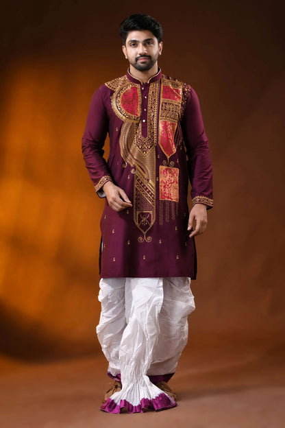Wine cotton silk embroidery punjabi for men with - paisley ethnic design 1