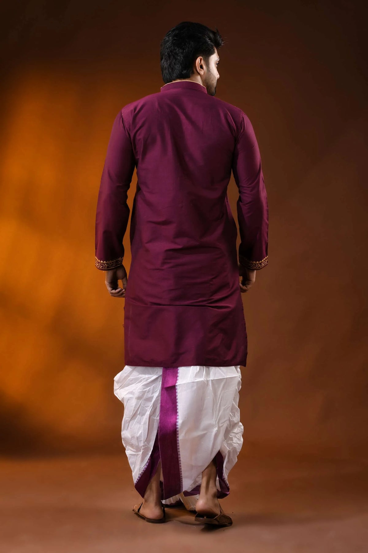 Wine cotton silk embroidery punjabi for men with - paisley ethnic design 5