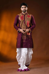 Wine cotton silk embroidery punjabi for men with - paisley ethnic design 6