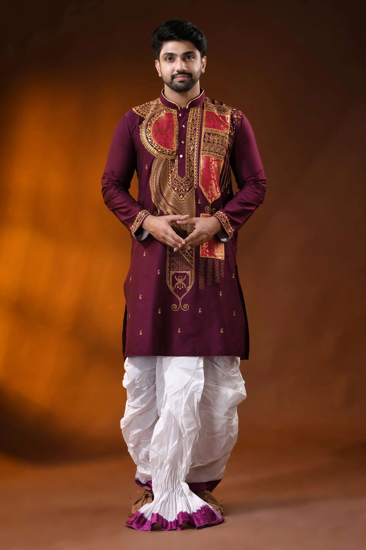 Wine cotton silk embroidery punjabi for men with - paisley ethnic design 6