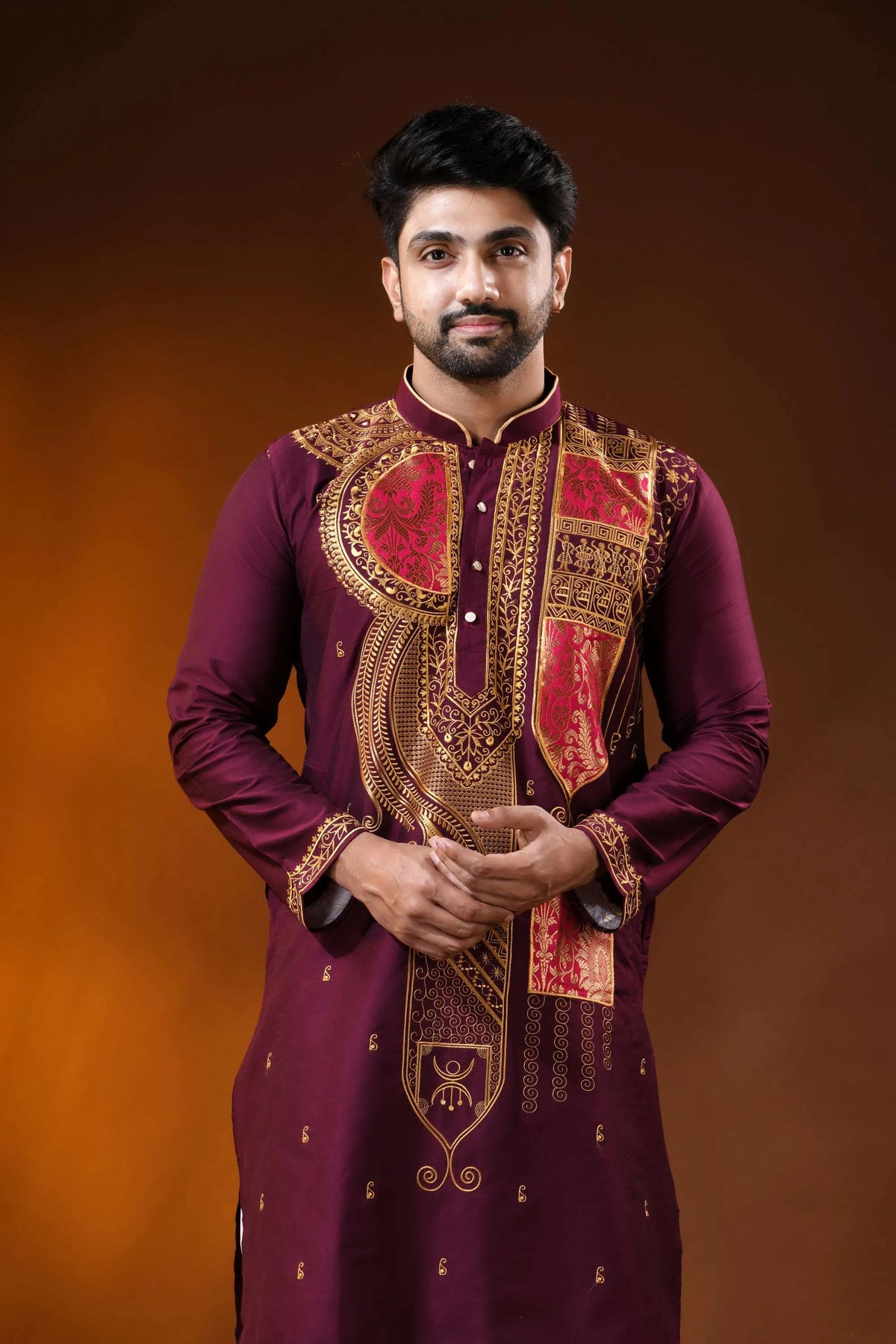 Wine cotton silk embroidery punjabi for men with - paisley ethnic design 2