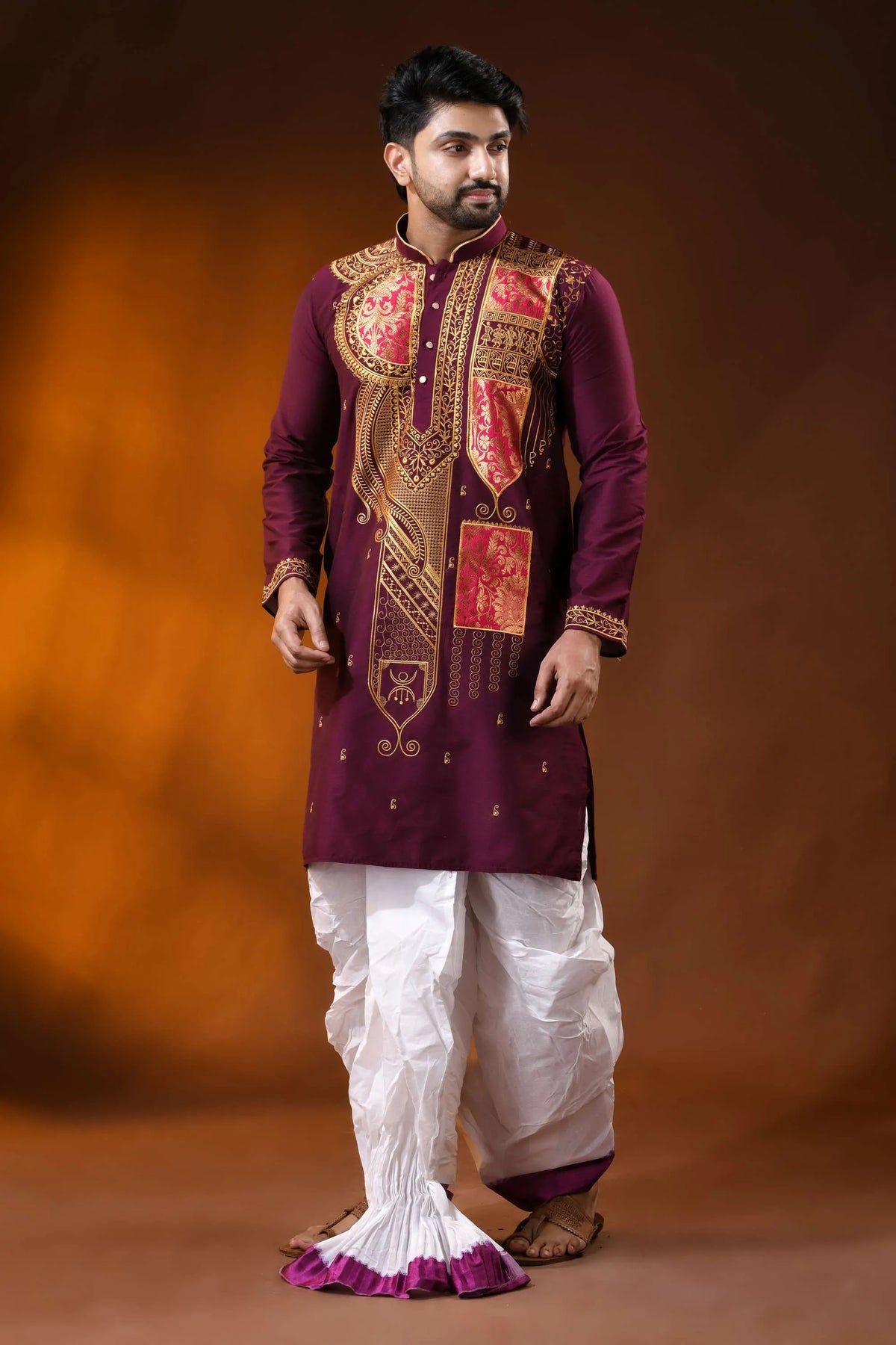 Wine cotton silk embroidery punjabi for men with - paisley ethnic design 3