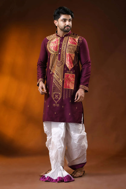 Wine cotton silk embroidery punjabi for men with - paisley ethnic design 3