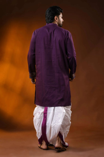 Wine designer cotton panjabi for men with leaf geometric kantha work 5