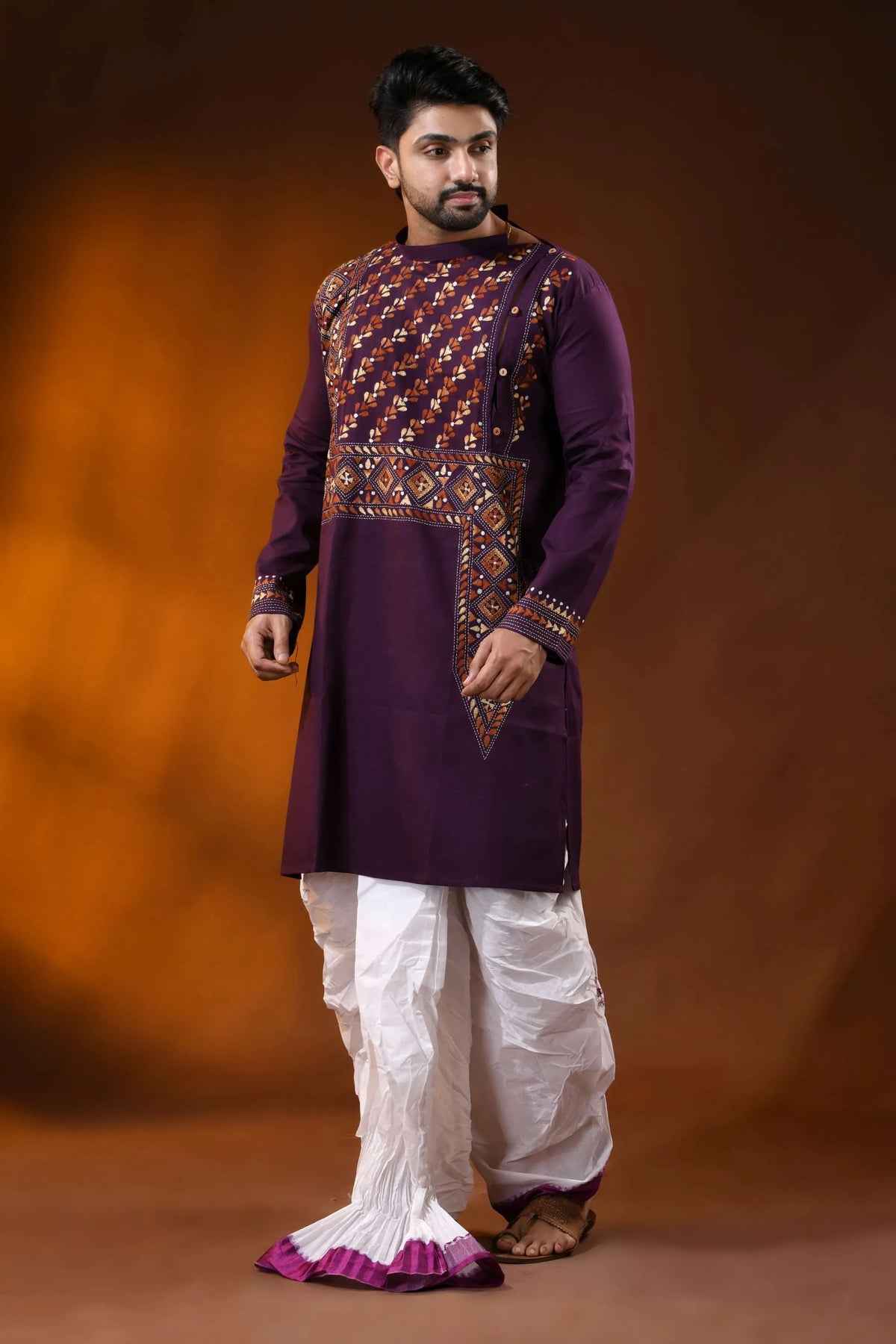 Wine designer cotton panjabi for men with leaf geometric kantha work 3
