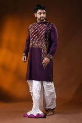 Wine designer cotton panjabi for men with leaf geometric kantha work 3