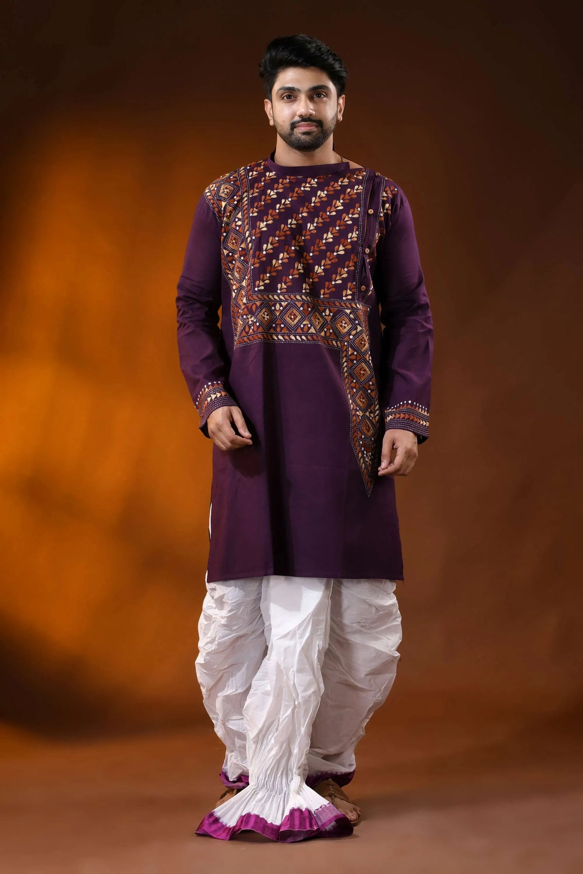 Wine designer cotton panjabi for men with leaf geometric kantha work 1