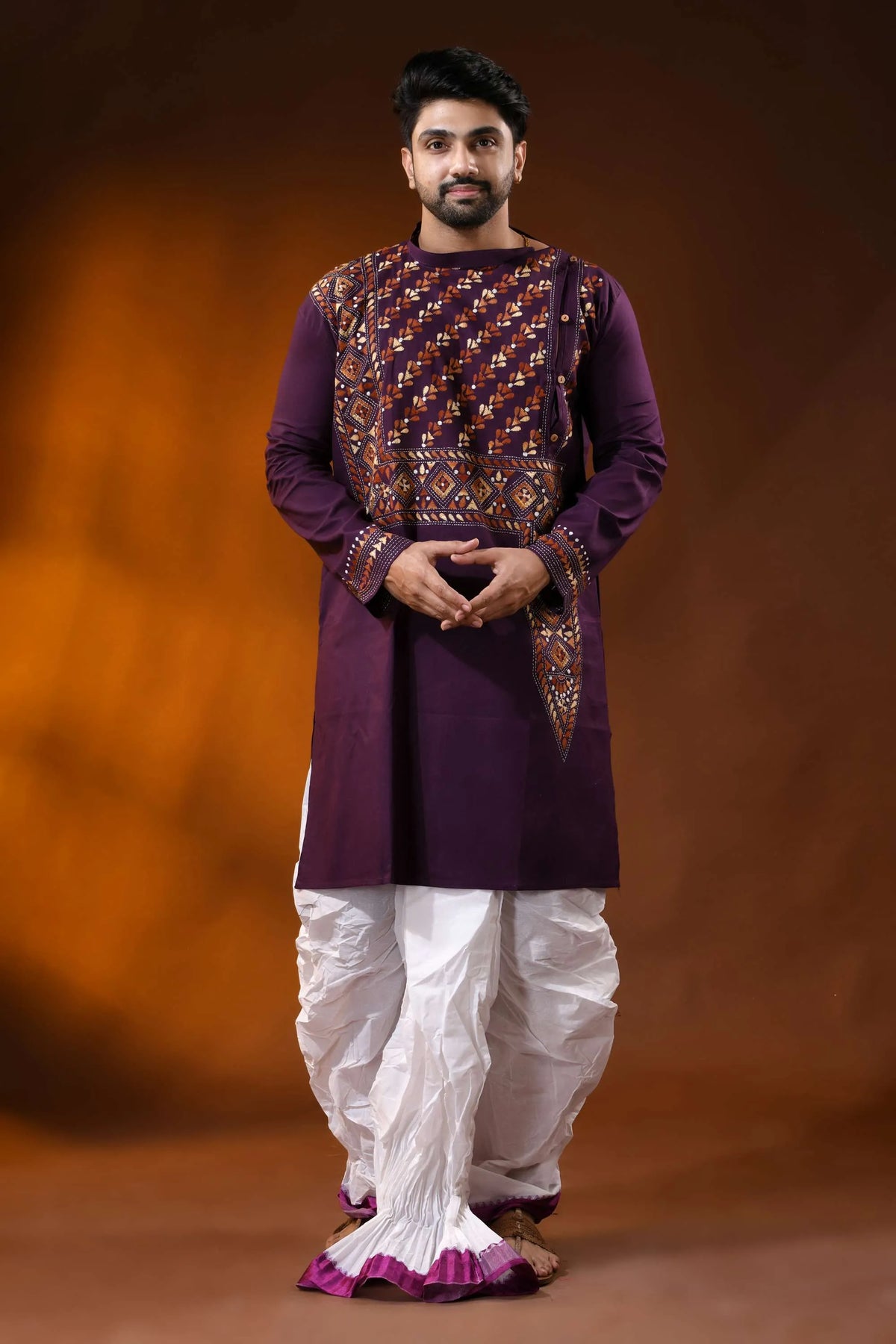 Wine designer cotton panjabi for men with leaf geometric kantha work 6