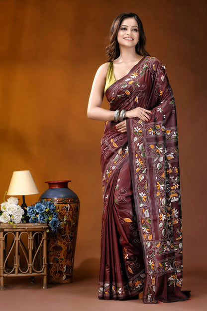Wine ethnic village design handcrafted kantha embroidery silk saree maroon silk saree adorned intricate 6
