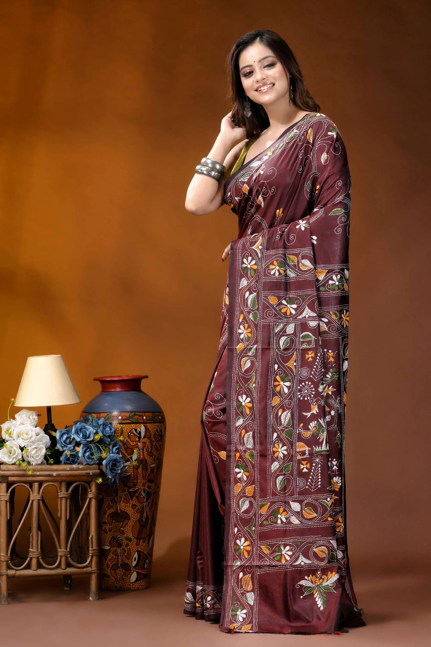 Wine ethnic village design handcrafted kantha embroidery silk saree maroon silk saree adorned intricate 3