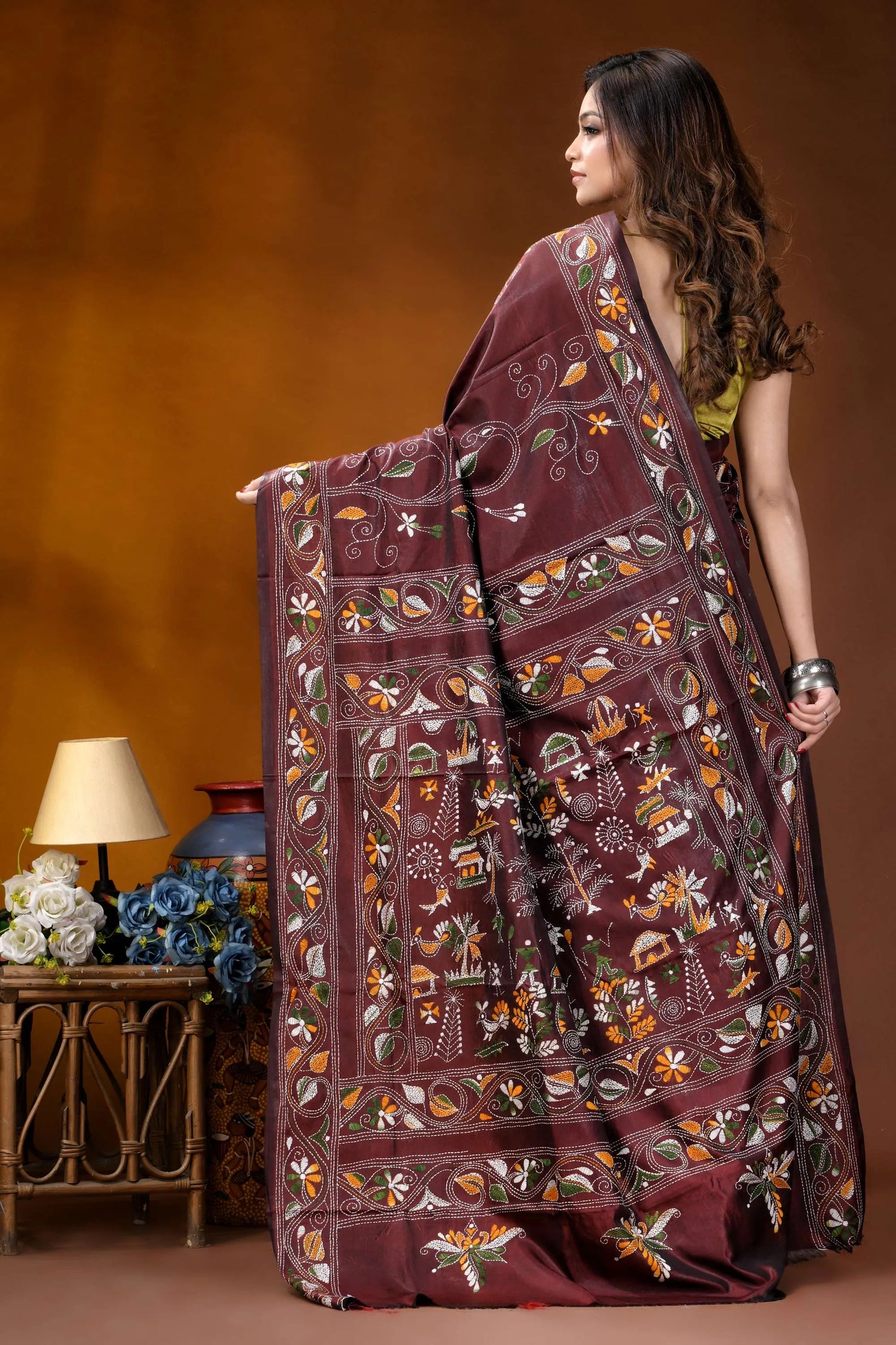 Wine ethnic village design handcrafted kantha embroidery silk saree rich maroon silk saree adorned 5