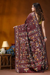Wine ethnic village design handcrafted kantha embroidery silk saree rich maroon silk saree adorned 5