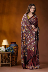 Wine ethnic village design handcrafted kantha embroidery silk saree maroon silk saree intricate floral 7