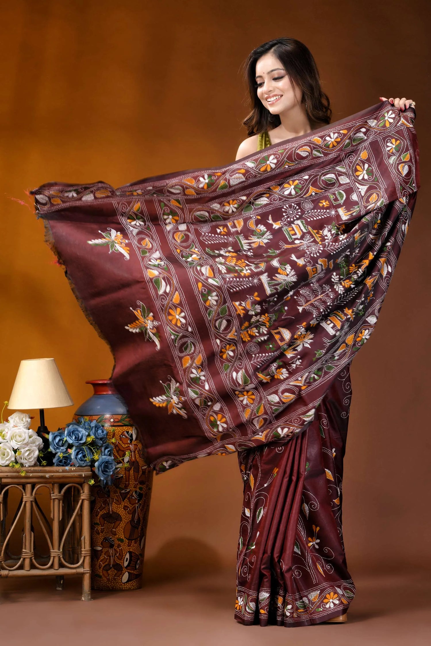 Wine ethnic village design handcrafted kantha embroidery silk saree maroon silk saree adorned intricate 4
