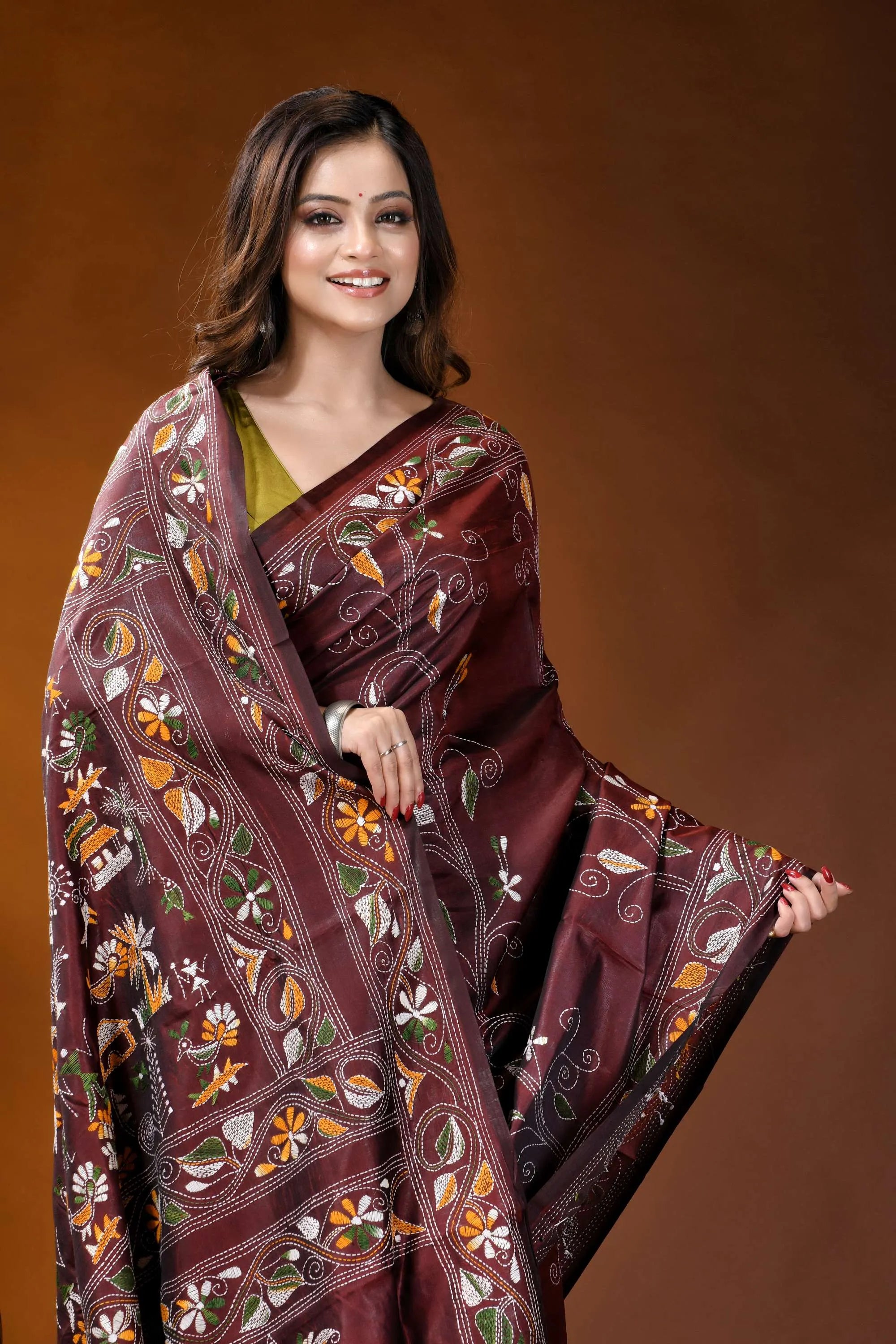 Wine ethnic village design handcrafted kantha embroidery silk saree maroon silk saree adorned intricate 2