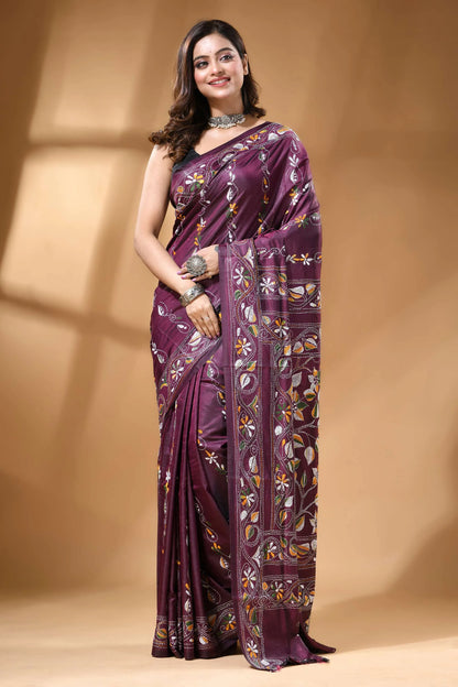 Wine floral design multi-thread handcrafted kantha silk saree rich maroon silk saree adorned 6