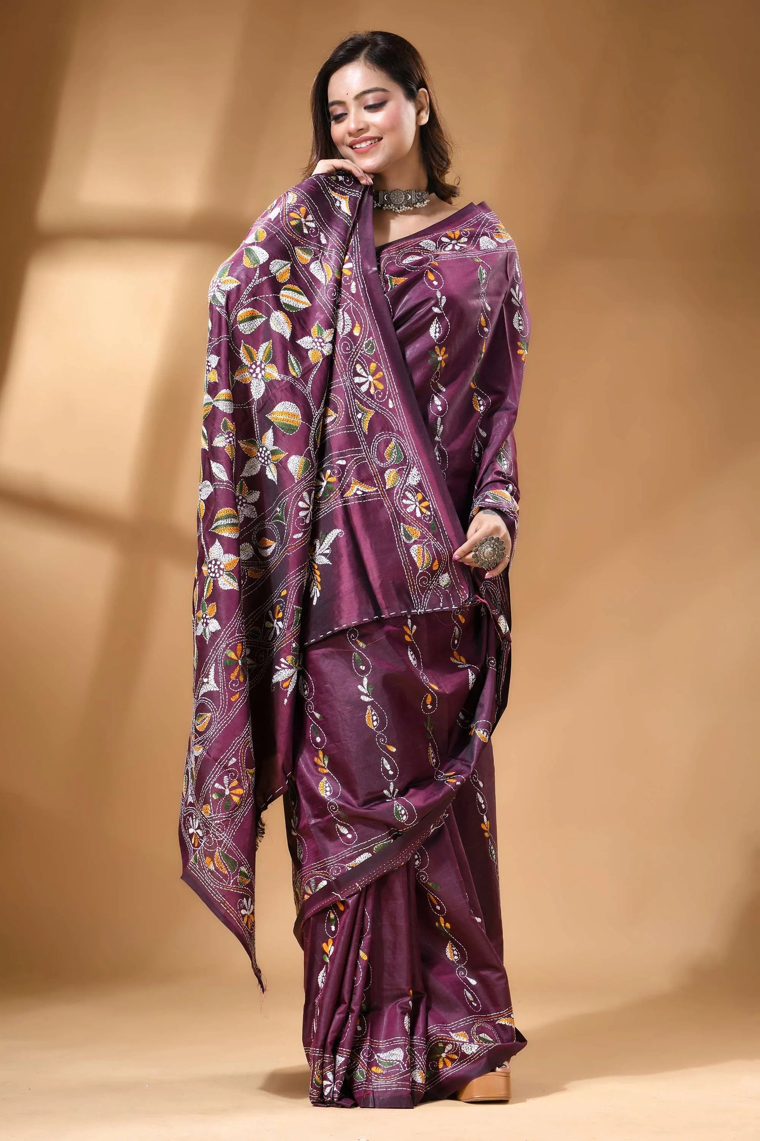Wine floral design multi-thread handcrafted kantha silk saree rich purple silk saree adorned 5