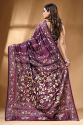 Wine floral design multi-thread handcrafted kantha silk saree rich maroon silk saree adorned 4