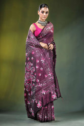 Wine floral paisley hand embroidery silk kantha stitch saree maroon intricate pink 4