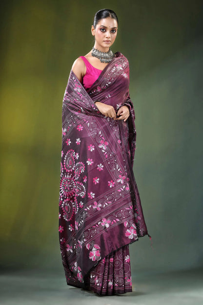 Wine floral paisley hand embroidery silk kantha stitch saree maroon intricate pink 4
