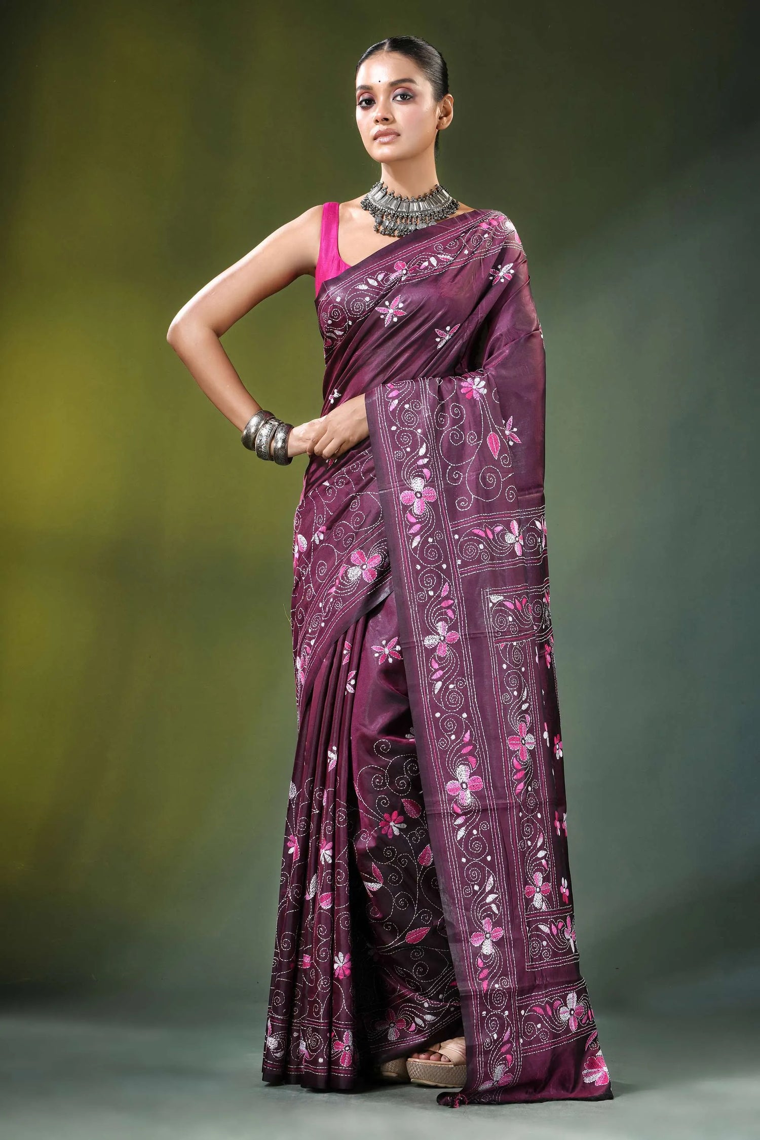 Wine floral paisley hand embroidery silk kantha stitch saree rich maroon adorned 6