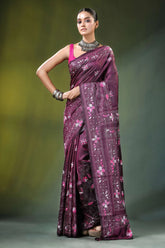 Wine floral paisley hand embroidery silk kantha stitch saree rich maroon adorned 6