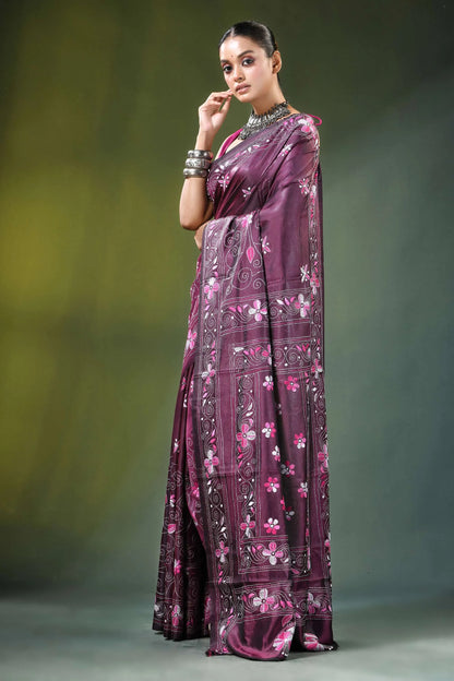 Wine floral paisley hand embroidery silk kantha stitch saree woman wears rich purple 3