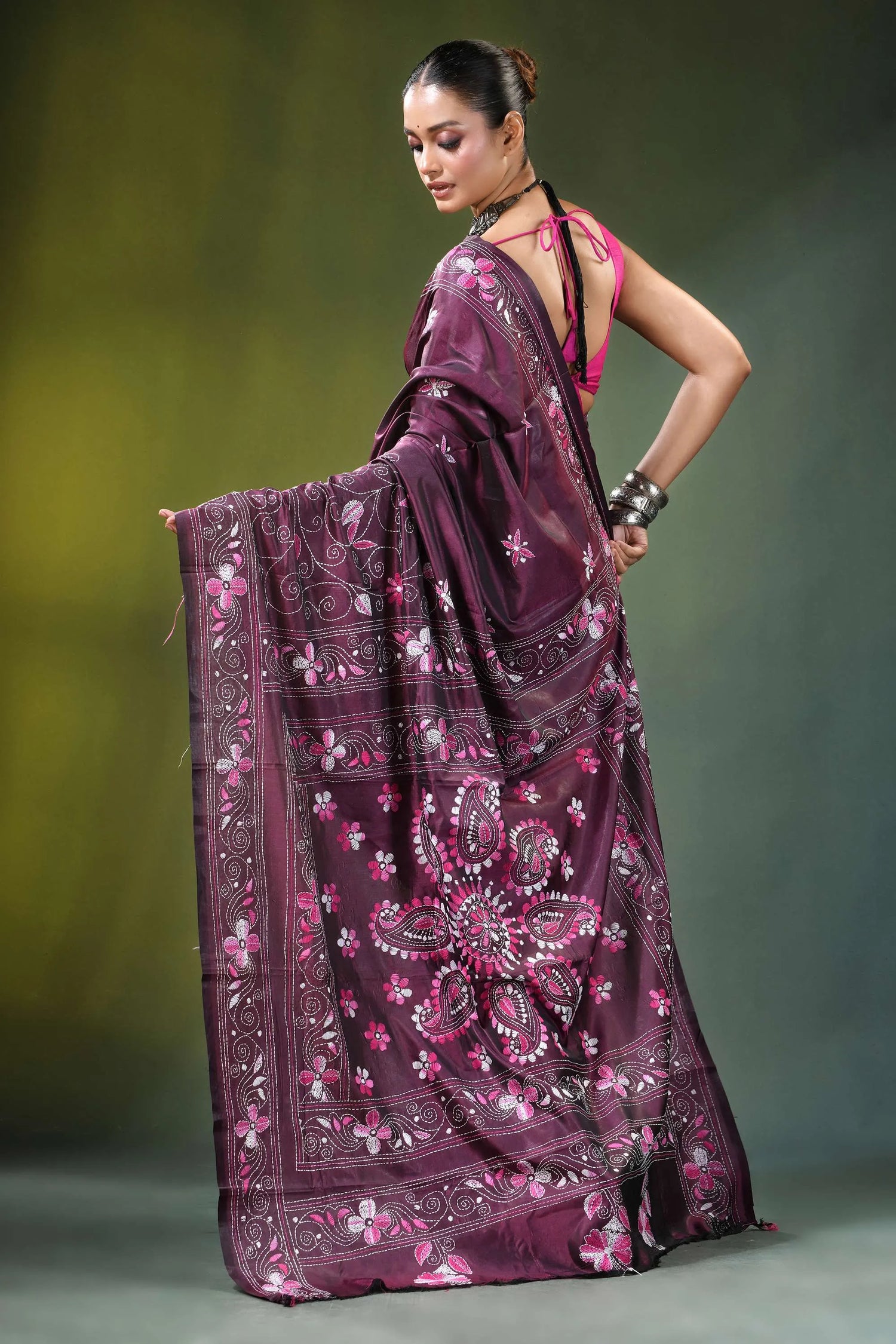 Wine floral paisley hand embroidery silk kantha stitch saree rich maroon adorned 5