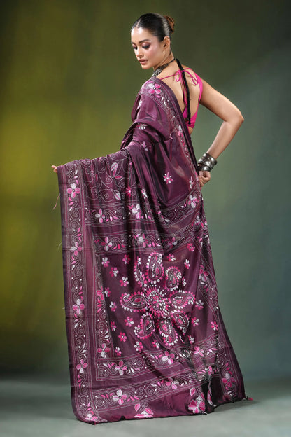 Wine floral paisley hand embroidery silk kantha stitch saree rich maroon adorned 5