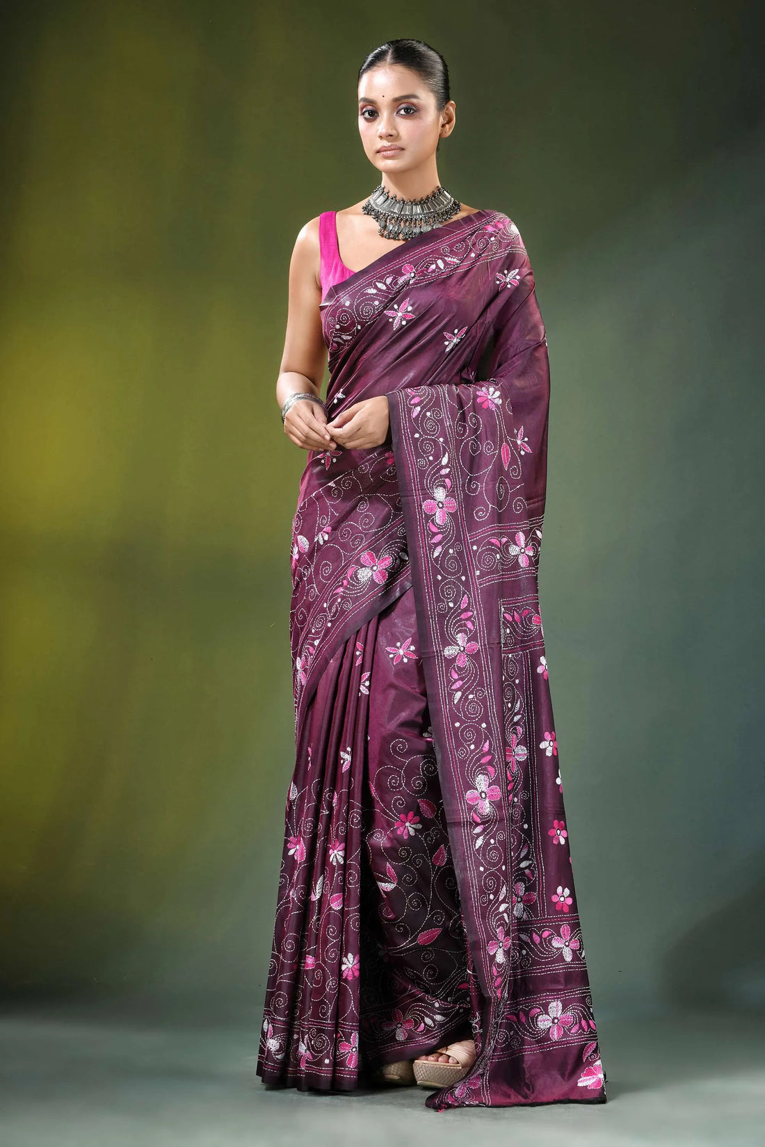 Wine floral paisley hand embroidery silk kantha stitch saree rich maroon adorned 1