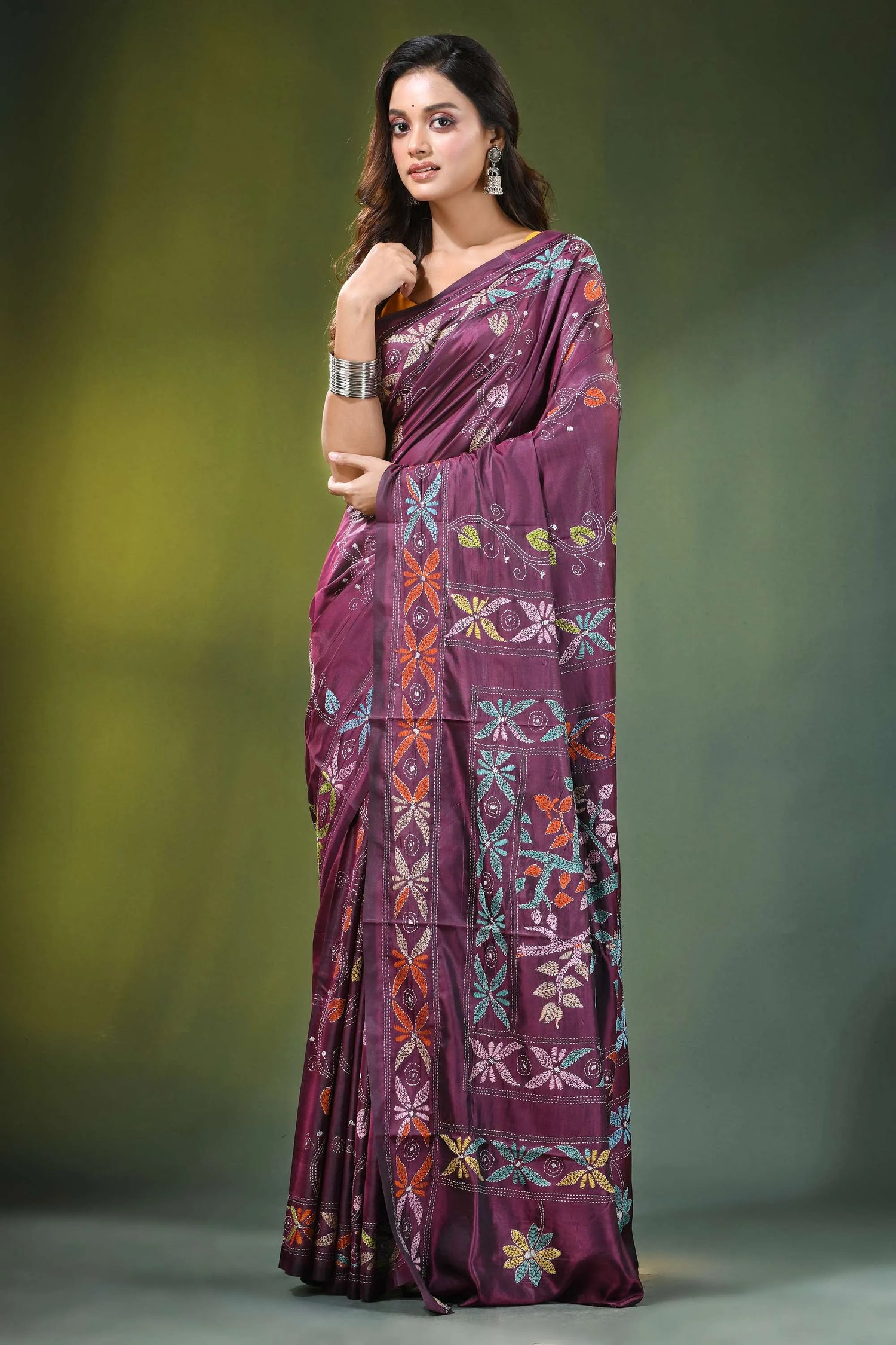 Wine hand embroidered elegan bird motif kantha embroidery silk saree rich maroon adorned intricate 6