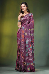 Wine hand embroidered elegan bird motif kantha embroidery silk saree rich maroon adorned intricate 6