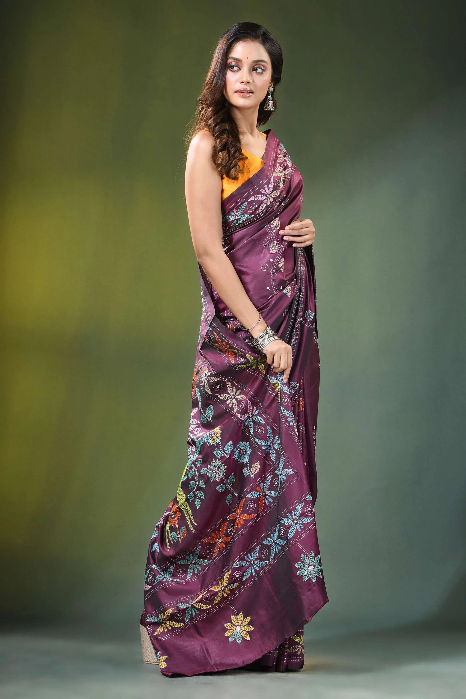 Wine hand embroidered elegan bird motif kantha embroidery silk saree rich purple adorned 4