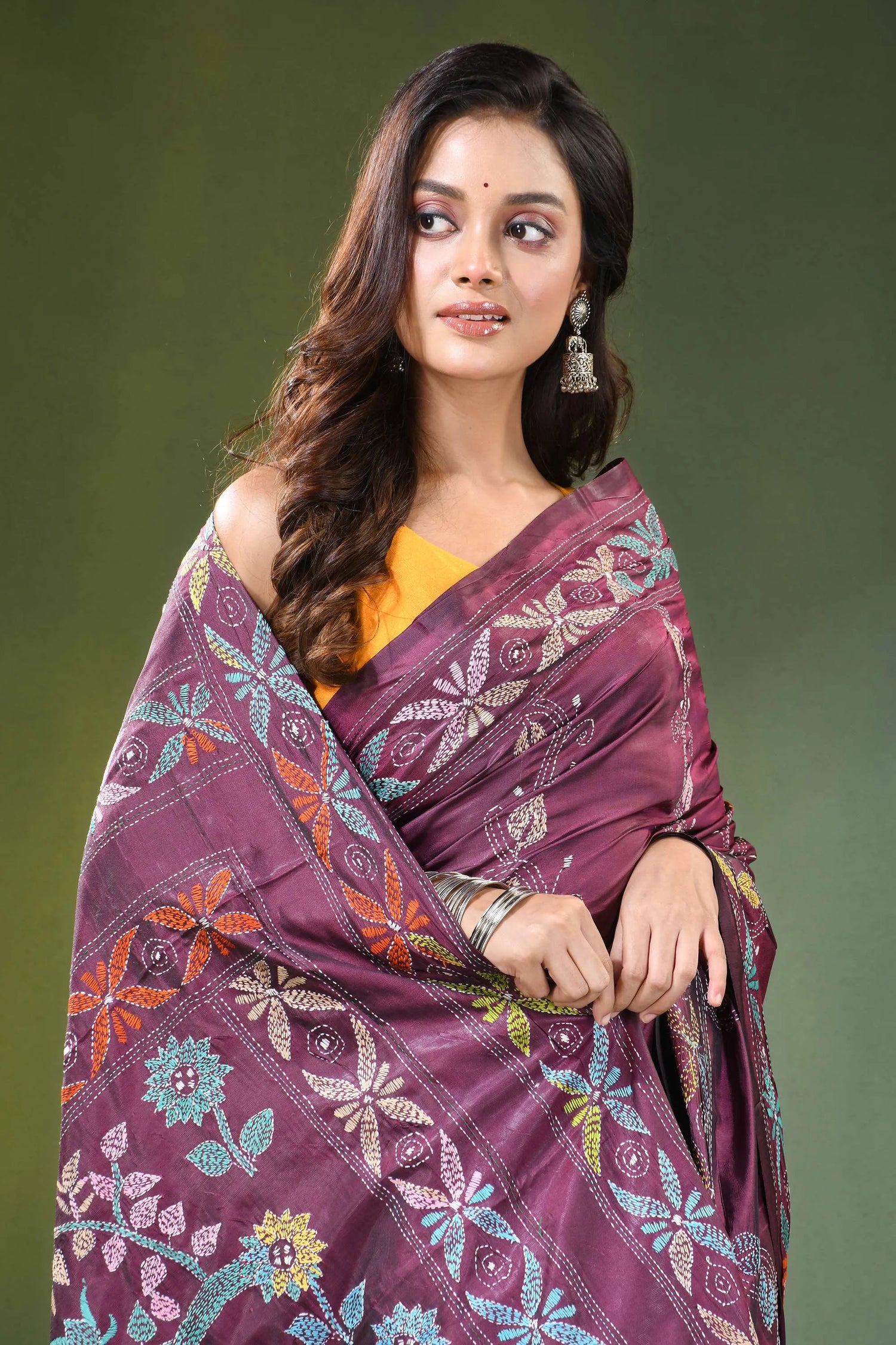 Wine hand embroidered elegan bird motif kantha embroidery silk saree rich maroon adorned 2