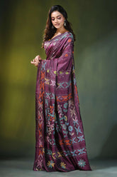 Wine hand embroidered elegan bird motif kantha embroidery silk saree rich maroon adorned 3