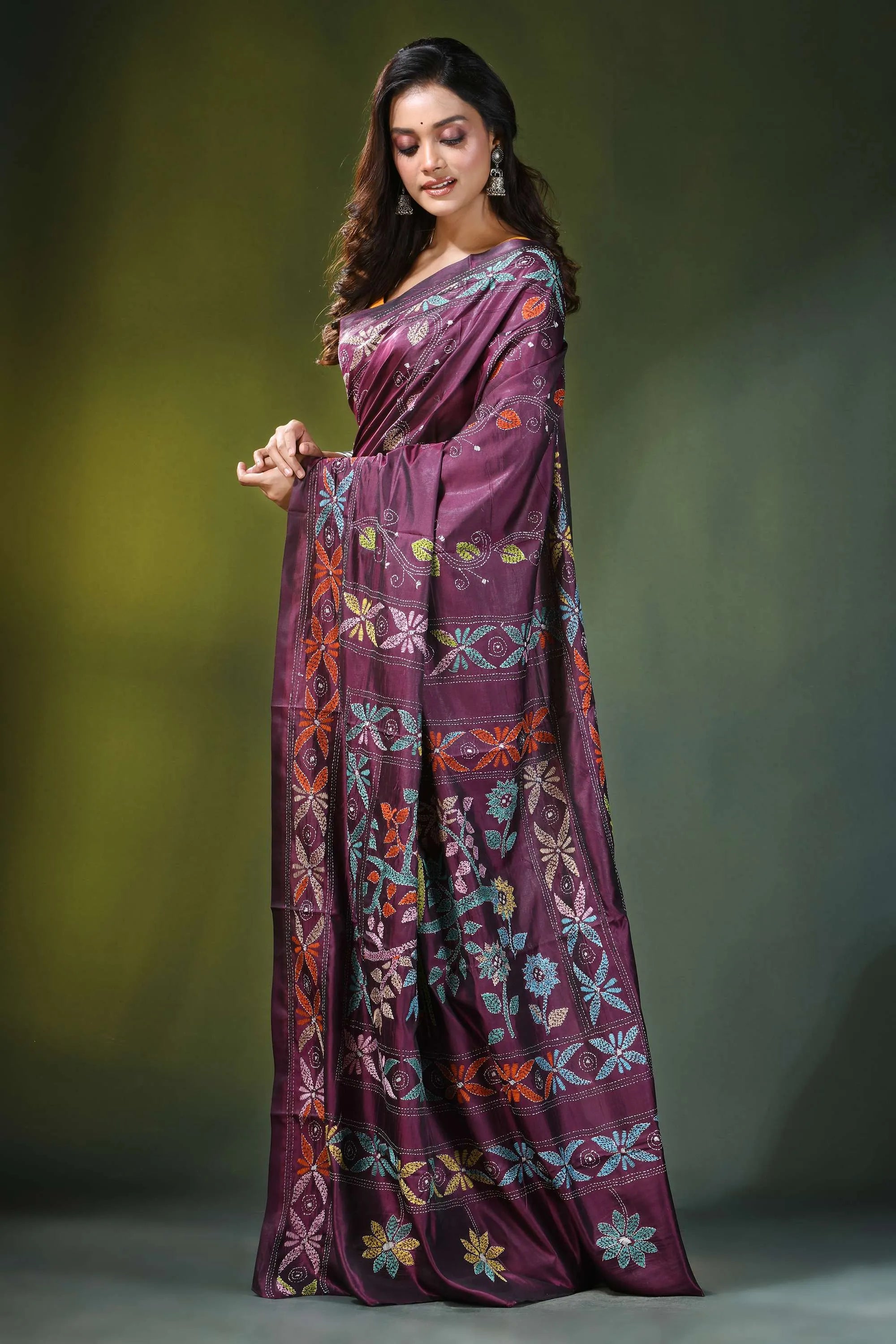 Wine hand embroidered elegan bird motif kantha embroidery silk saree rich maroon adorned 3