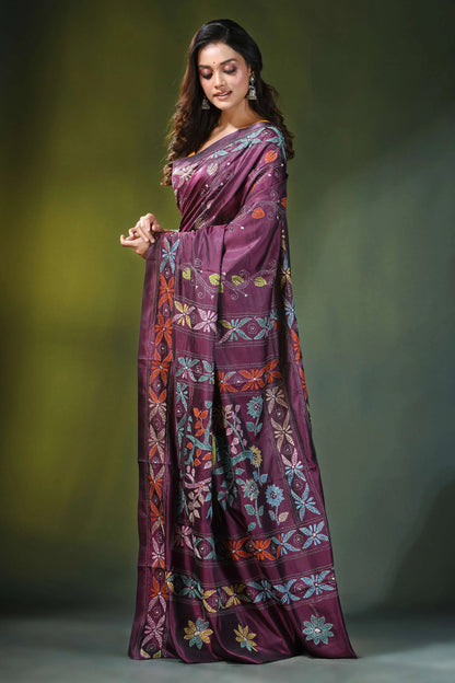 Wine hand embroidered elegan bird motif kantha embroidery silk saree rich maroon adorned 3