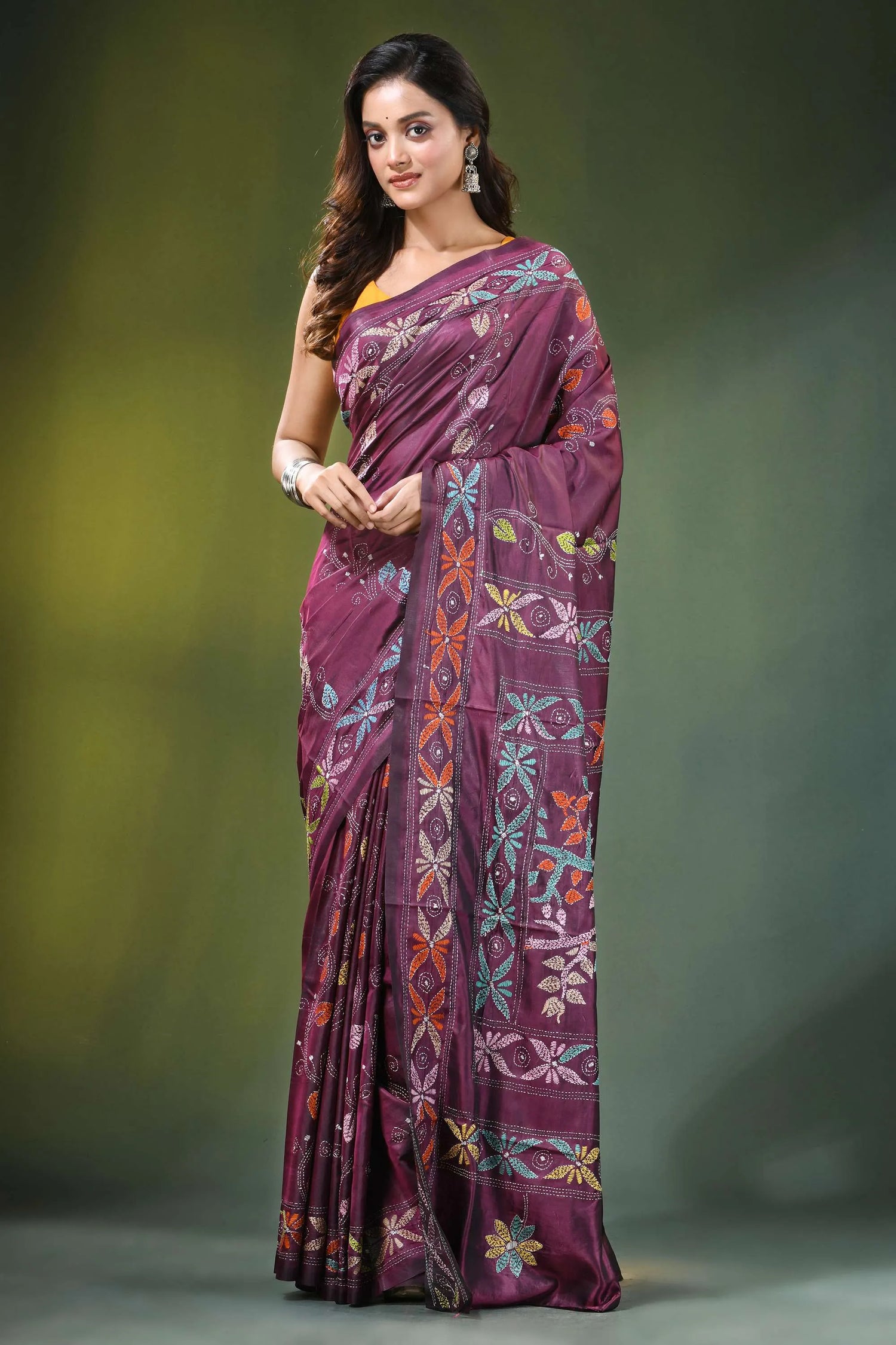 Wine hand embroidered elegan bird motif kantha embroidery silk saree rich maroon adorned 1