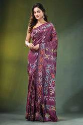 Wine hand embroidered elegan bird motif kantha embroidery silk saree rich maroon adorned 1