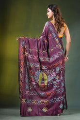 Wine hand embroidered elegan bird motif kantha embroidery silk saree rich maroon adorned 5