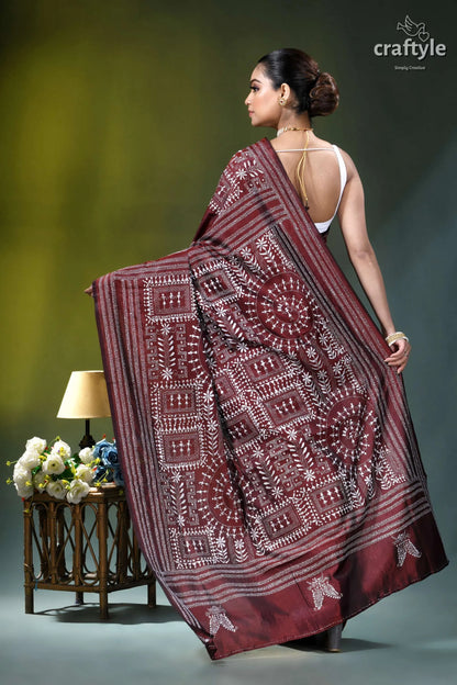 Wine hand embroidered kantha silk saree - white thread warli design maroon white intricately patterned banarasi 5