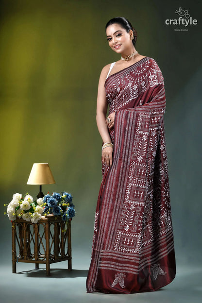 Wine hand embroidered kantha silk saree - white thread warli design maroon silk saree intricate white 3