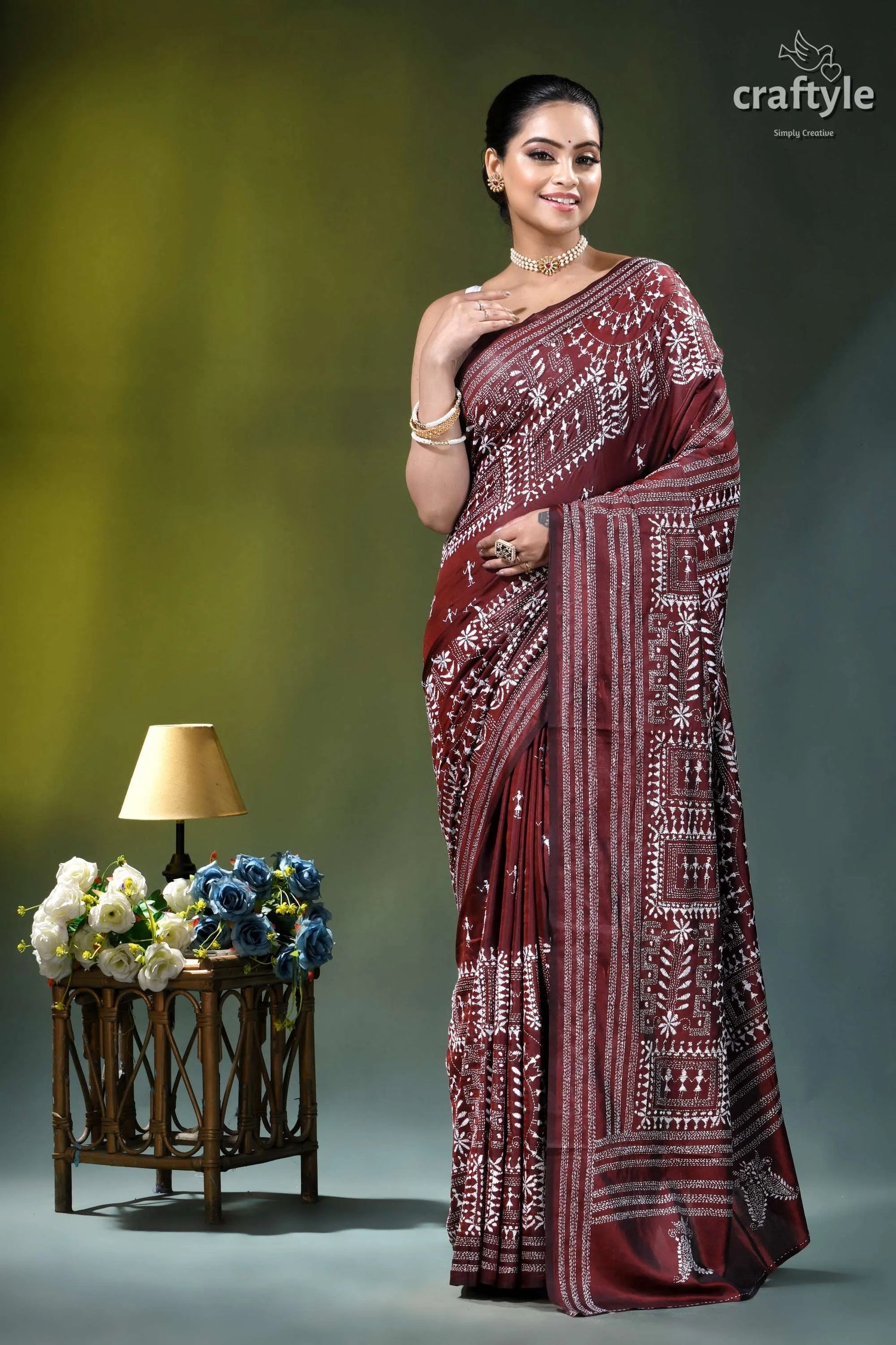 Wine hand embroidered kantha silk saree - white thread warli design maroon saree intricate white silver 6