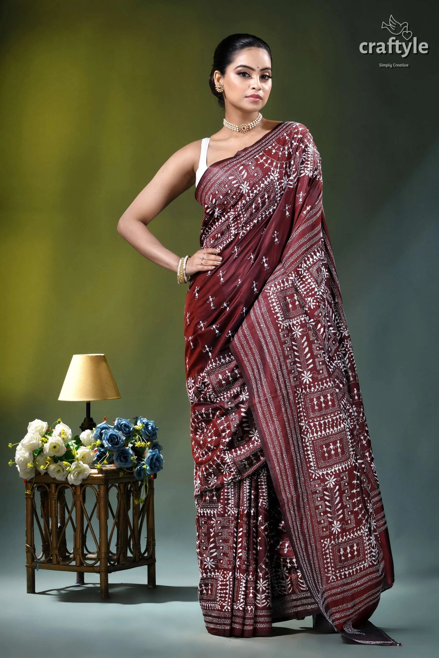 Wine hand embroidered kantha silk saree - white thread warli design maroon white patterned saree intricate 4